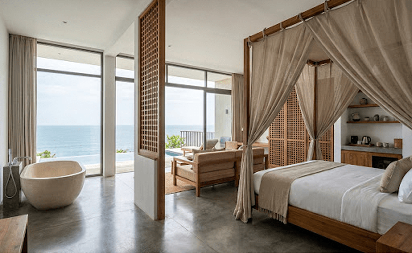 Luxury hotel suite overlooking Sri Lanka's tropical coastline