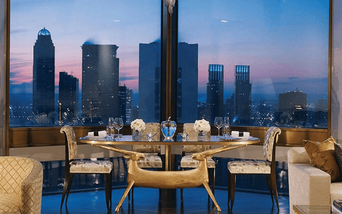 Elegant dining table overlooking a city skyline at twilight