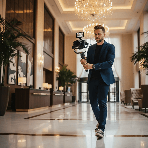 Consultant with camera equipment in a grand luxury hotel lobby
