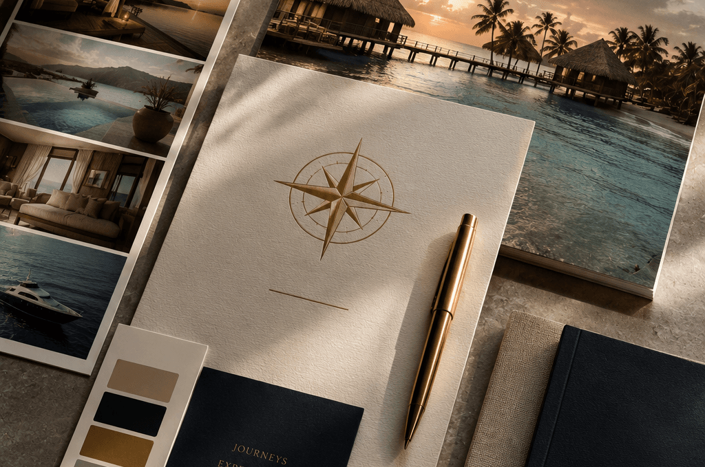 Luxury travel planning desk with compass, maps and refined materials