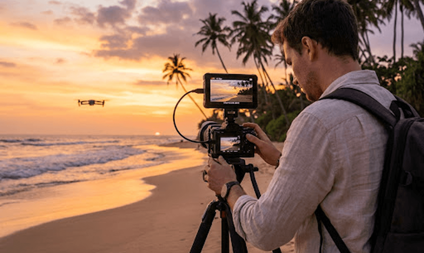 Cinematographer capturing a golden-hour beach scene for luxury travel content